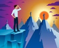 Businessman looking for opportunities standing on top peak of mountain business concept vector illustration, successful young Royalty Free Stock Photo