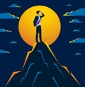 Businessman looking for opportunities standing on top peak of mountain business concept vector illustration, successful young Royalty Free Stock Photo