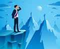 Businessman looking for opportunities standing on top peak of mountain business concept vector illustration, successful young Royalty Free Stock Photo