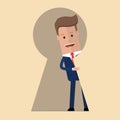 Businessman looking out of giant keyhole with curiosity . Metaphor of key person, problem solution and secret discovery. Vector il Royalty Free Stock Photo
