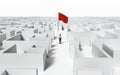 Businessman looking at red flag in a labyrinth . Solved maze Royalty Free Stock Photo