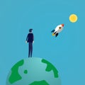 Businessman looking rocket launching to the moon on top of the eco earth. Business success and Vision concept. Good attitude and