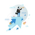Businessman looking through spyglass vector illustration in flat style design. Creative business vision concept