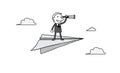 Businessman looking telescope on big rocket paper over cloud in the sky. leader vision concept. isolated illustration outli