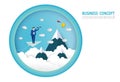 Businessman looking into telescope search opportunity flying on paper plane above clouds. goals, success, Paper art style