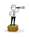 Businessman looking telescope and standing on big gold coin. success concept. isolated vector illustration outline hand drawn dood