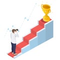 Businessman with telescope in front of staircase, vector isometric illustration. Path to success, goal, business vision. Royalty Free Stock Photo