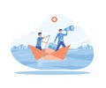 Businessman looking through a telescope by two business people standing with oars floating on a paper boat in the sea.