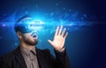 Businessman looking through Virtual Reality glasses, virtual security concept Royalty Free Stock Photo