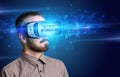 Businessman looking through Virtual Reality glasses, virtual security concept Royalty Free Stock Photo