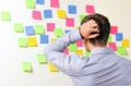 Businessman looking at wall of sticky notes with hands behind he Royalty Free Stock Photo