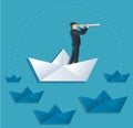 A businessman looks through a telescope standing on paper boat vector, business concept