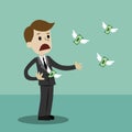 Businessman losing his money. Money fly away like birds. Vector illustration Royalty Free Stock Photo