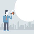 Businessman loudspeaker promotion concept comic flat template Royalty Free Stock Photo