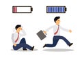 Businessman with low battery red color and Businessman with high full level energy battery blue Royalty Free Stock Photo