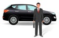 Businessman on a luxury crossover car background. Office man employee with auto on a white background.