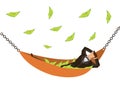 Businessman lying in a hammock with falling money