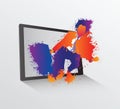 Businessman made of paint leaping from tablet