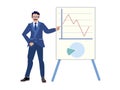 The businessman made a report on the work done, improving performance. Graph chart. In minimalist style. Cartoon flat