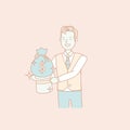 Businessman magician pulling money out of a hat. Linear character vector design