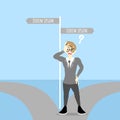 Businessman make a decision standing on the two pathways with road sign