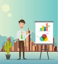Businessman Making A Presentation In Front Of A Board. Illustration