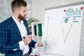 Businessman making a presentation at office. Entrepreneur using whiteboard to present ideas for business planning and decision Royalty Free Stock Photo