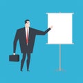 Businessman making presentation Template. Boss and Clean Roll-up. office life vector illustration.