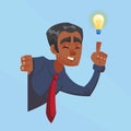 Businessman male dark skin with bulb, idea, inspiration peeking out the corner cartoon flat design illustration