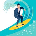 Businessman, a man catches a wave on a surf board. In minimalist style. Cartoon flat Vector