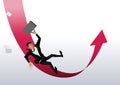 A businessman man falls down the red arrow and then rises up.