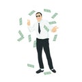 A businessman man with glasses. Shows the victory gesture. Dollars are falling on a man