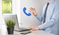 Businessman man hold phone icon.Call Now Business Communication Support Center Customer Service Technology Concept Royalty Free Stock Photo