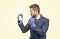 man in suit and boxing gloves at corporate business battle isolated on white, business fight.