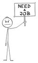 Man, Unemployed Worker or Businessman Holding Need a Job Sign.Vector Cartoon Stick Figure Illustration