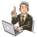 A businessman in a management position operating a personal computer points his index finger