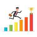 Businessman or manager with briefcase jumping up on a schedule to the prize cup. Diagram of revenue growth. Vector