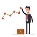 Businessman or manager builds a graph chart of income growth. Man in business suit rejoices success. Vector Royalty Free Stock Photo