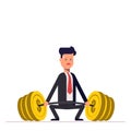 Businessman or manager can not lift a heavy barbell with money. Great difficulties. Unattainable. Vector, illustration