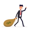 Businessman or manager comes with a bag of money dollars. Happy rich man in business suit waving. Vector, illustration