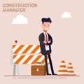 Businessman is a manager or a foreman is standing near the building fences. Man in a business suit. Flat character in