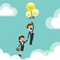 Businessman or manager getting new ideas for business. Startup. Flying with lamps like a balloons. Team work