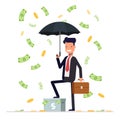 Businessman or manager hold umbrella and standing under money rain. Office worker character on white background Royalty Free Stock Photo