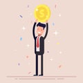 Businessman or manager holds a gold coin over his head. Man in the business suit won the prize. Confetti and tinsel Royalty Free Stock Photo