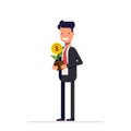 Businessman or manager with money tree in their hands. Small potted plant. Flat character on white background