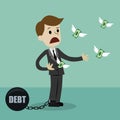 Businessman losing his money because of debt. Money fly away like birds. Vector illustration