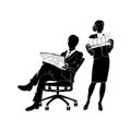 Businessman, manager in an office chair reading a newspaper vector. Businesswoman standing reading a newspaper black vector