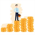 Businessman or manager puts gold and silver coins in a pile. Profit success salary bonus. Illustration vector flat