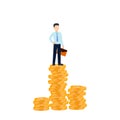 Businessman or manager puts gold and silver coins in a pile. Profit success salary bonus. Illustration vector flat