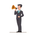 Businessman or manager says to the speaker. Man makes an important announcement. Flat character isolated on white